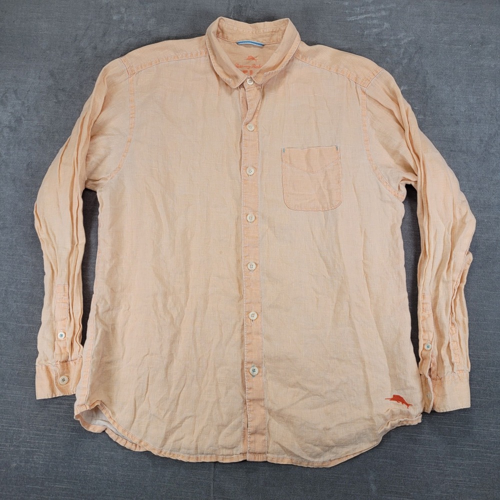 Tommy Bahama Relax Mens Large Orange 100% Linen Long Sleeve Button Front‎ Shirt
